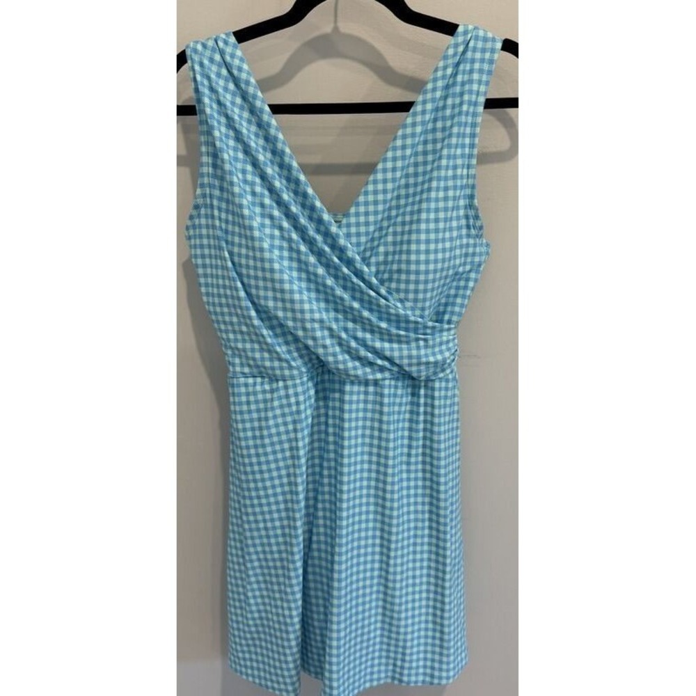 Lands End One Piece Swimsuit Swimdress Aqua Blue Gingham Check Skirted Size 14DD
